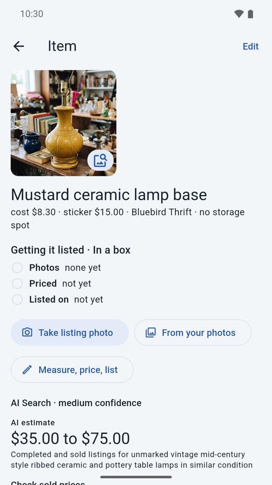 PickComp showing a lookup: what the item is, an estimated price range, and links to check sold prices